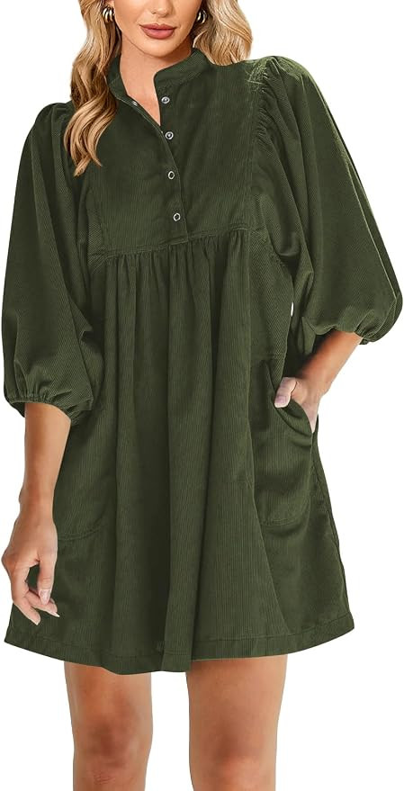 Naggoo Women's Fall Corduroy Dresses Casual 3/4 Sleeve Babydoll Mini Dress | Amazon (US)
