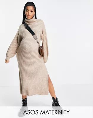 ASOS DESIGN Maternity ribbed midi dress with roll neck in taupe | ASOS (Global)