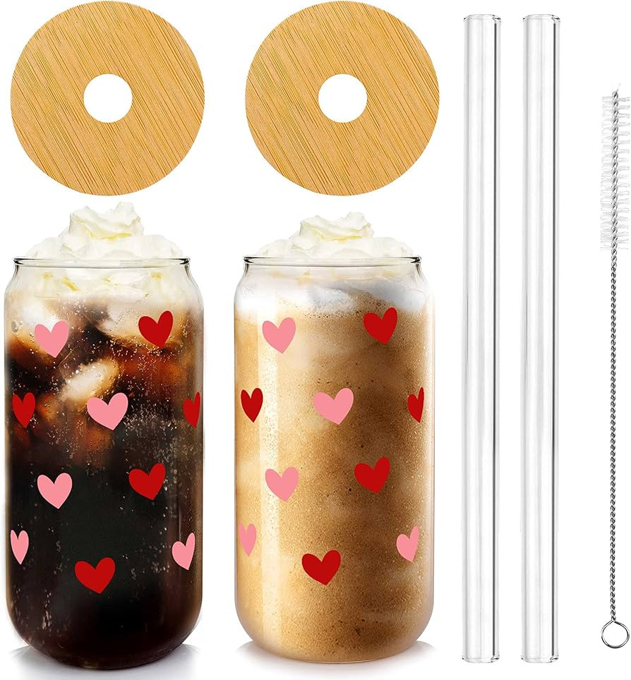 Iced Coffee Cups, Valentines Cups Gifts for Her Women 18 OZ Hearts Cup Beer Glass, Love Can Coupl... | Amazon (US)