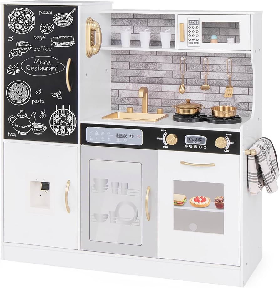 Costzon Juego de cocina para niños, juego de cocina grande de madera con sonidos y luces reales,... | Amazon (US)