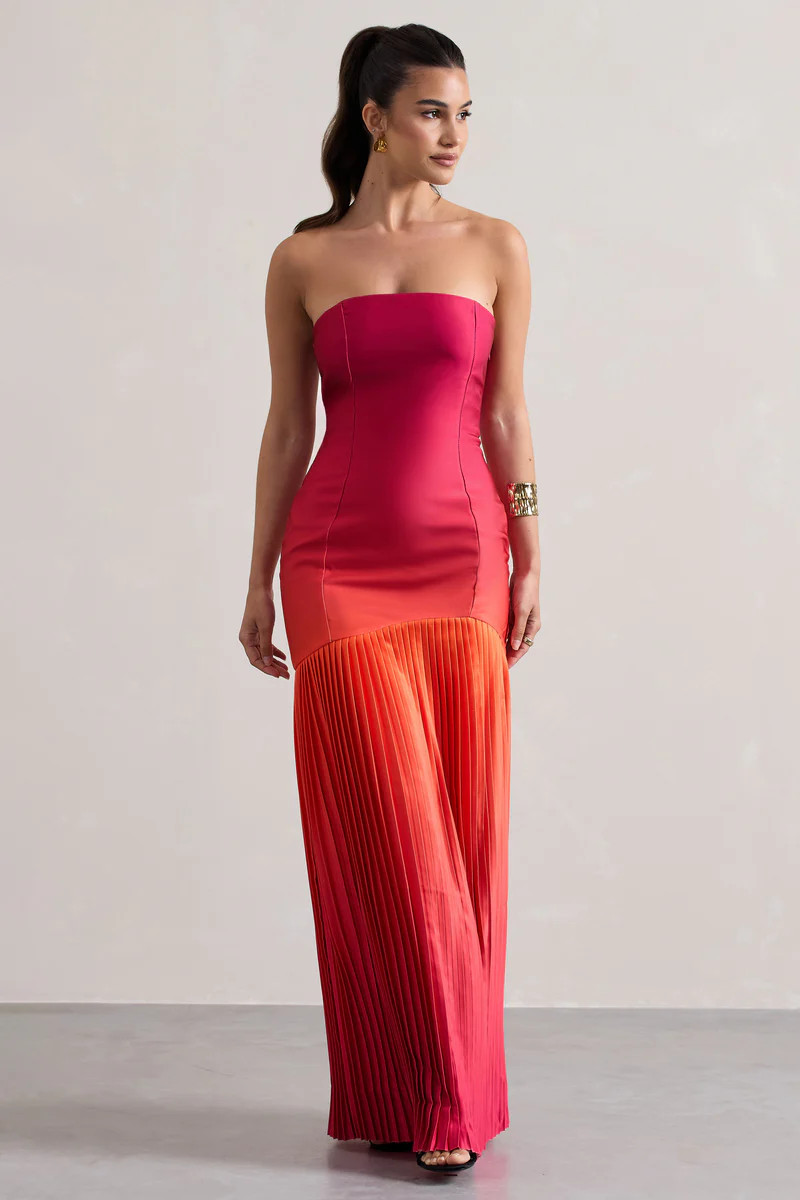 California | Pink & Orange Ombre Bandeau Plisse Maxi Dress | Club L London