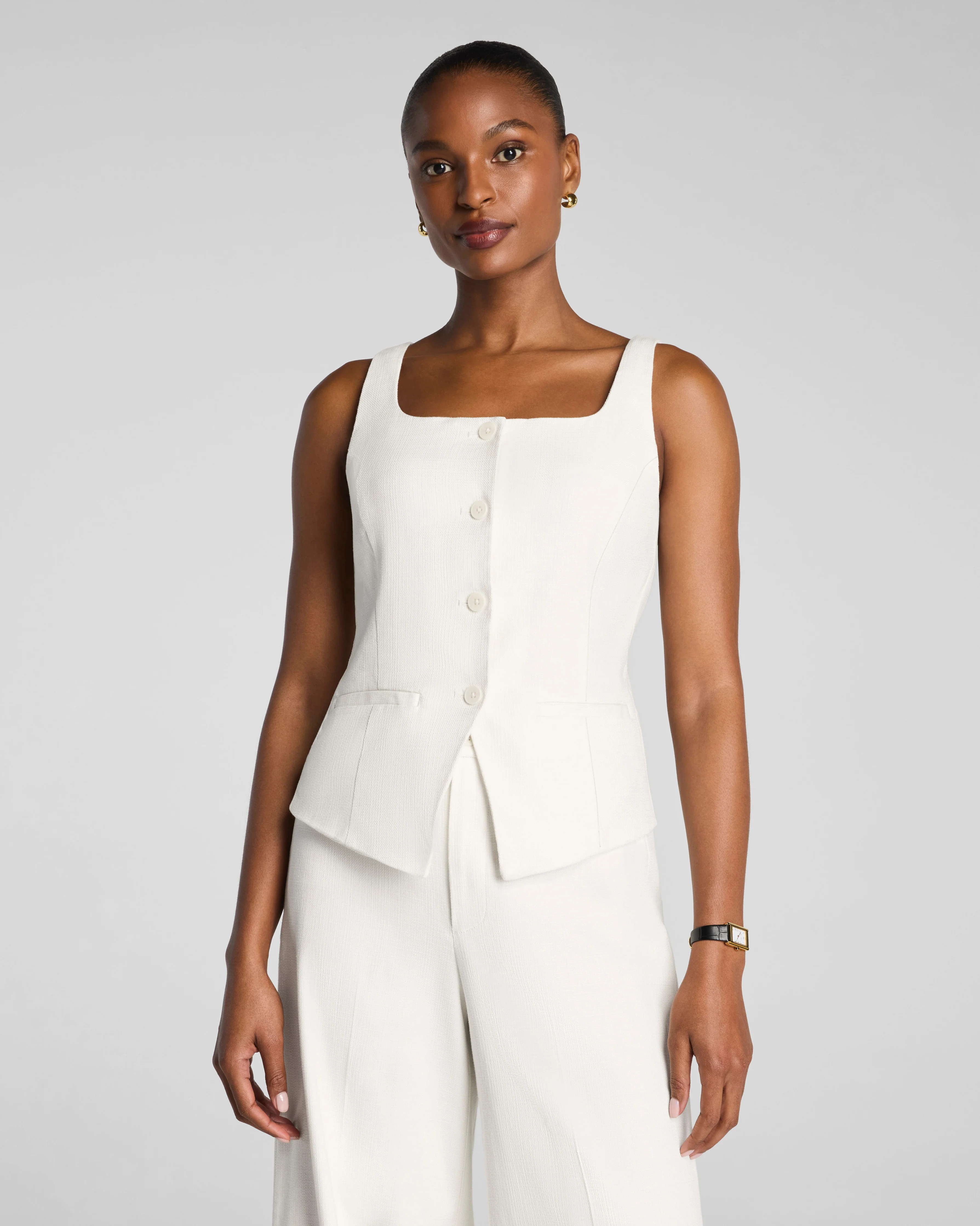 Spanx Women's EasyBreezy Cotton Linen Button-Down Vest in Timeless Navy | Spanx