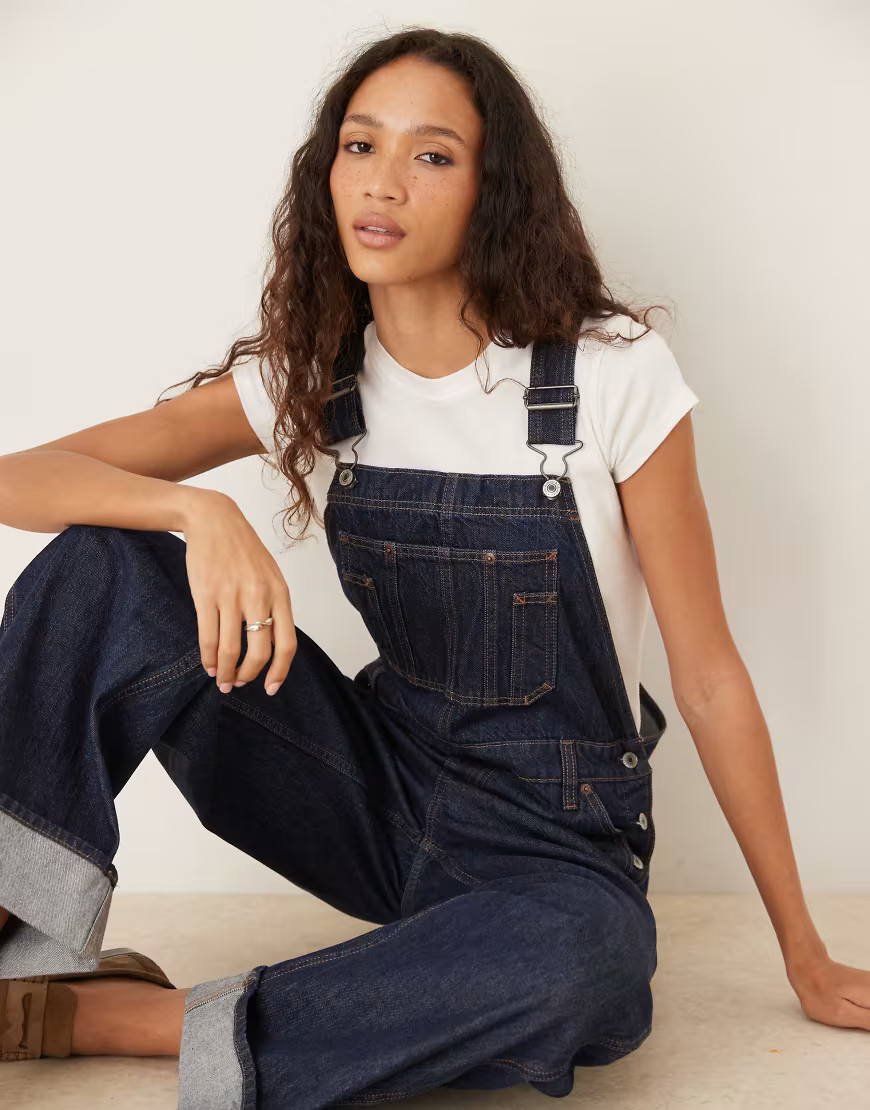 Abercrombie & Fitch cuff hem denim overalls in indigo blue | ASOS (Global)