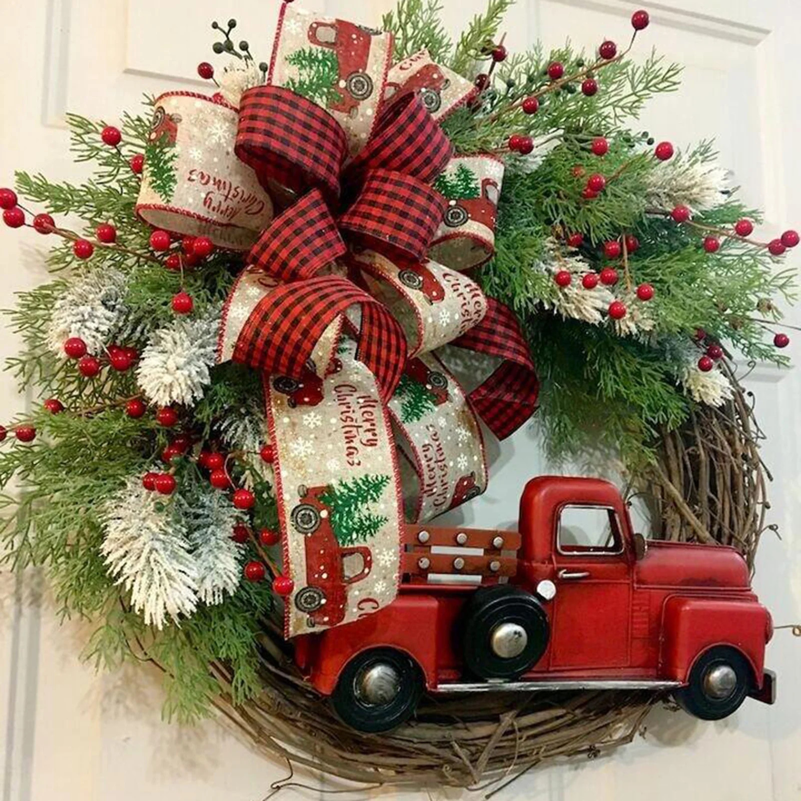 Christmas Wreath with Truck, Farmhouse Wreath with Pine Berry Rustic Christmas Garland Poseable P... | Walmart (US)
