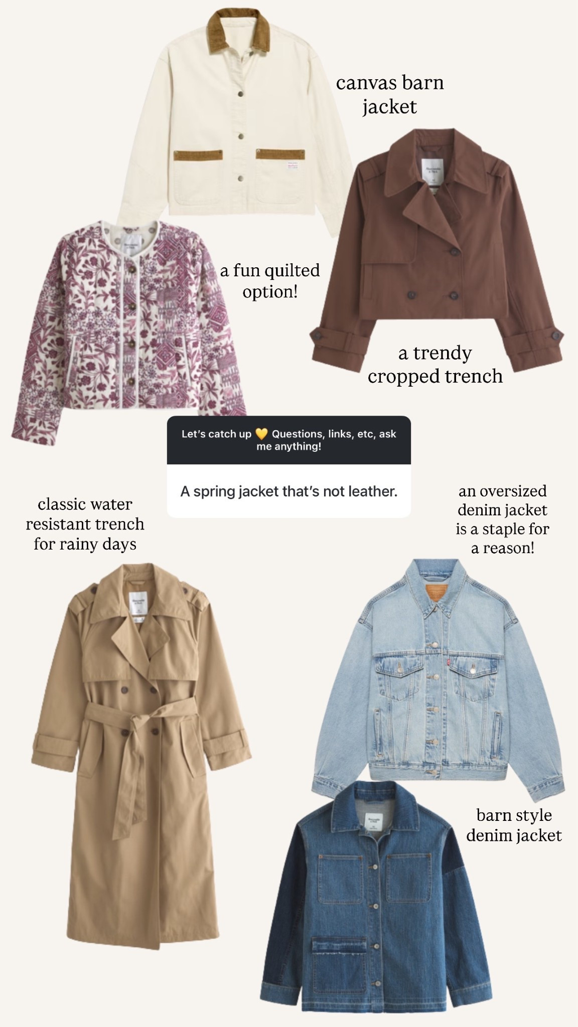 Spring jackets! Have & love the classic trench coat, I wear L. Also have the denim jacket from Walmart, I sized up to XL. Quilted jacket, denim barn jacket, cropped trench coat, colorful quilted jacket, canvas barn jacket. Canadian Old Navy barn jacket link under "similar products”

#LTKstyletip