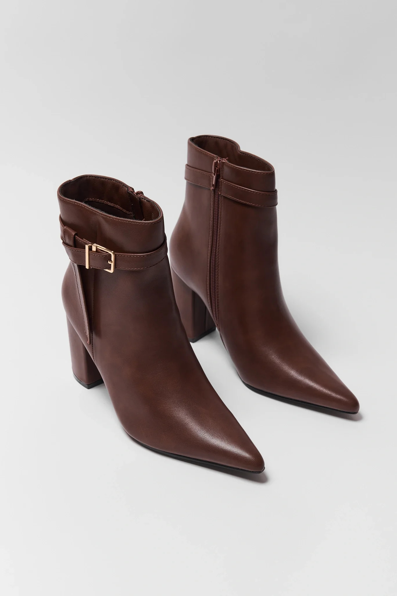 Brown Pointed Toe Buckle Ankle Boots | Avara