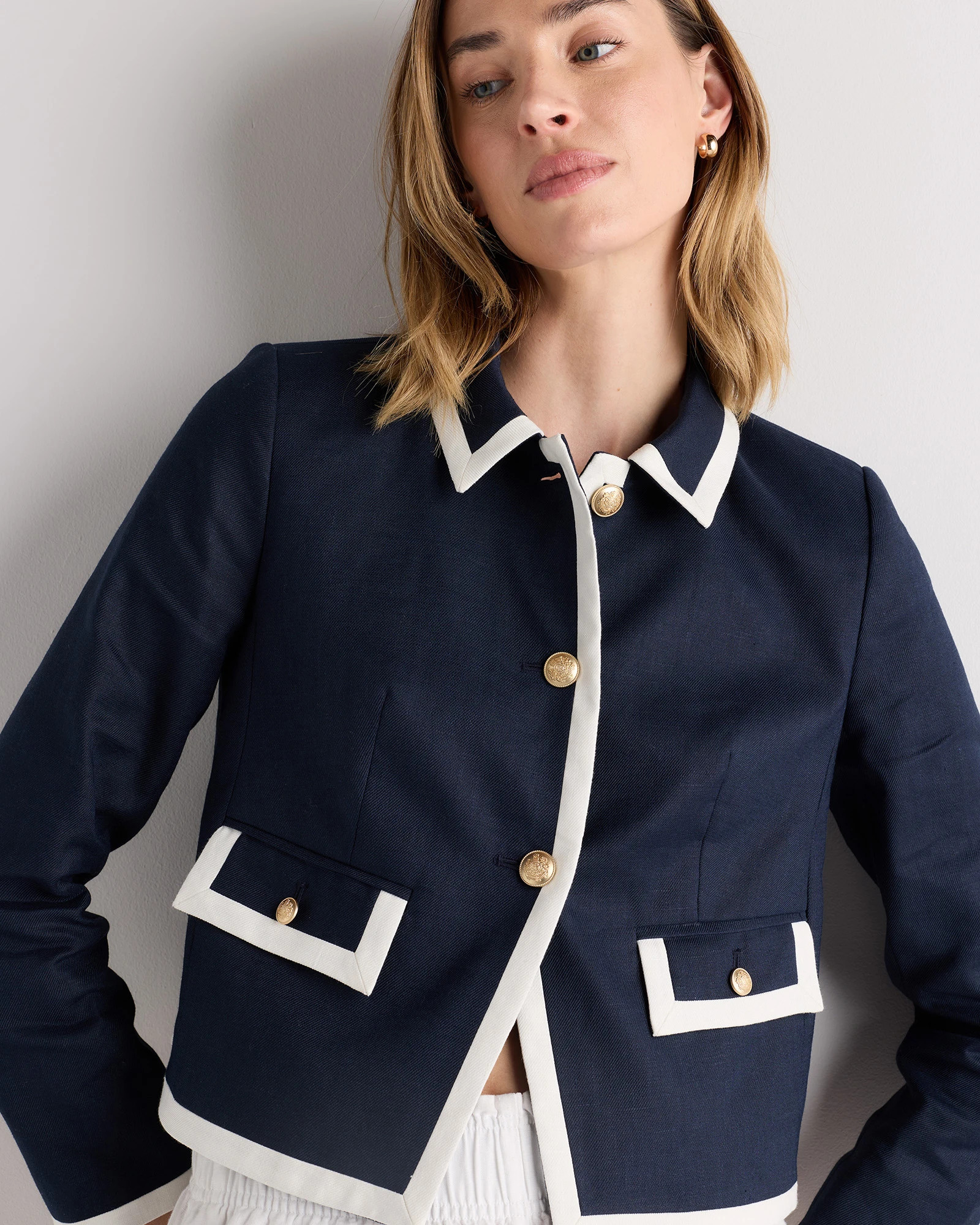 European Stretch Linen Cropped Lady Jacket in Deep Navy/Ivory | Quince