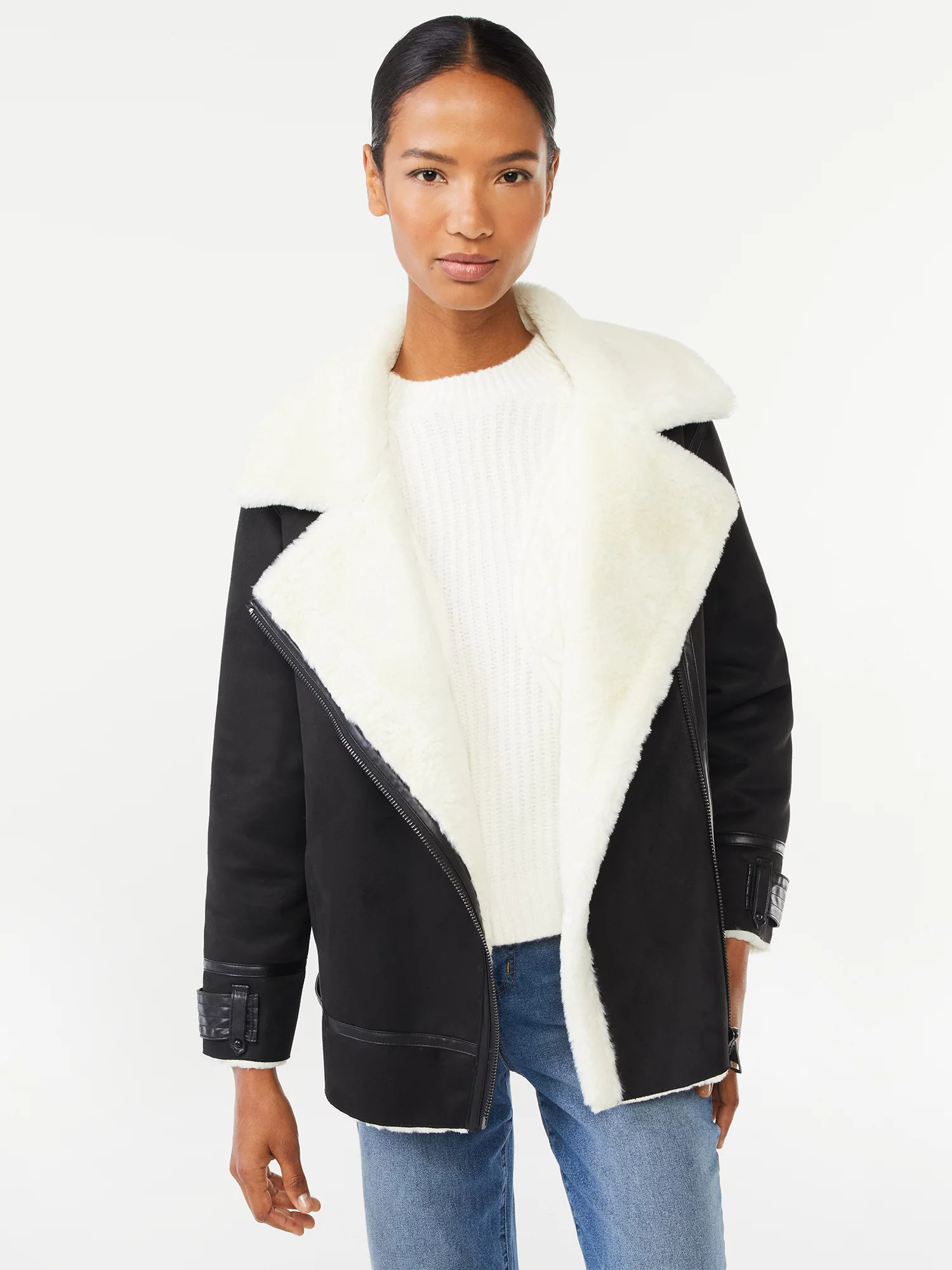 Scoop Women's Faux Suede Oversized Moto Jacket with Faux Fur Lining - Walmart.com | Walmart (US)