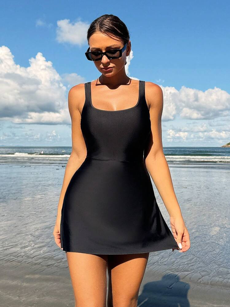 Swim Lushoire Women's Solid Color Round Neck Beach Holiday Swimwear Dress, Summer Swim Dress | SHEIN