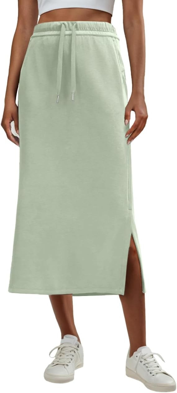 Lepunuo Casual Maxi Skirts for Womens High Waist Trendy Drawstring Side Slit Skirts with Pockets | Amazon (US)