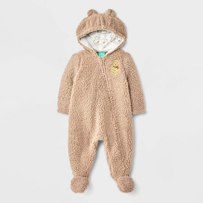 Baby Disney Winnie The Pooh Cozy Hooded Pram Bodysuit - Brown 0-3M | Target