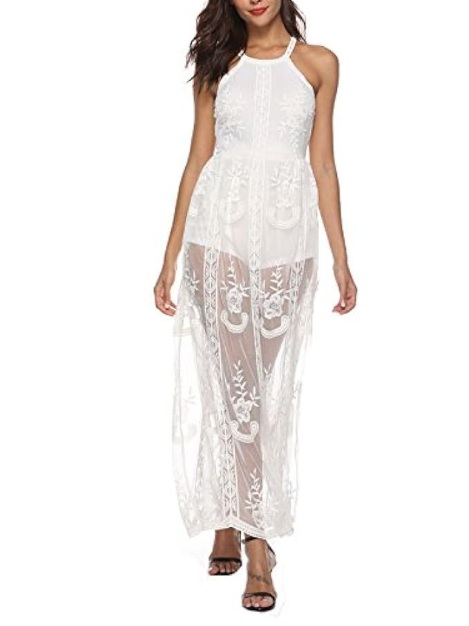 PORALA Women's Short Sleeve Lace Long Dress See Through Deep V-Neck Maxi Romper Dress | Amazon (US)