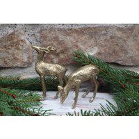 Pair Of Brass Deer Grazing Doe & Buck Stag Reindeer With Antlers Figurines | Etsy (US)