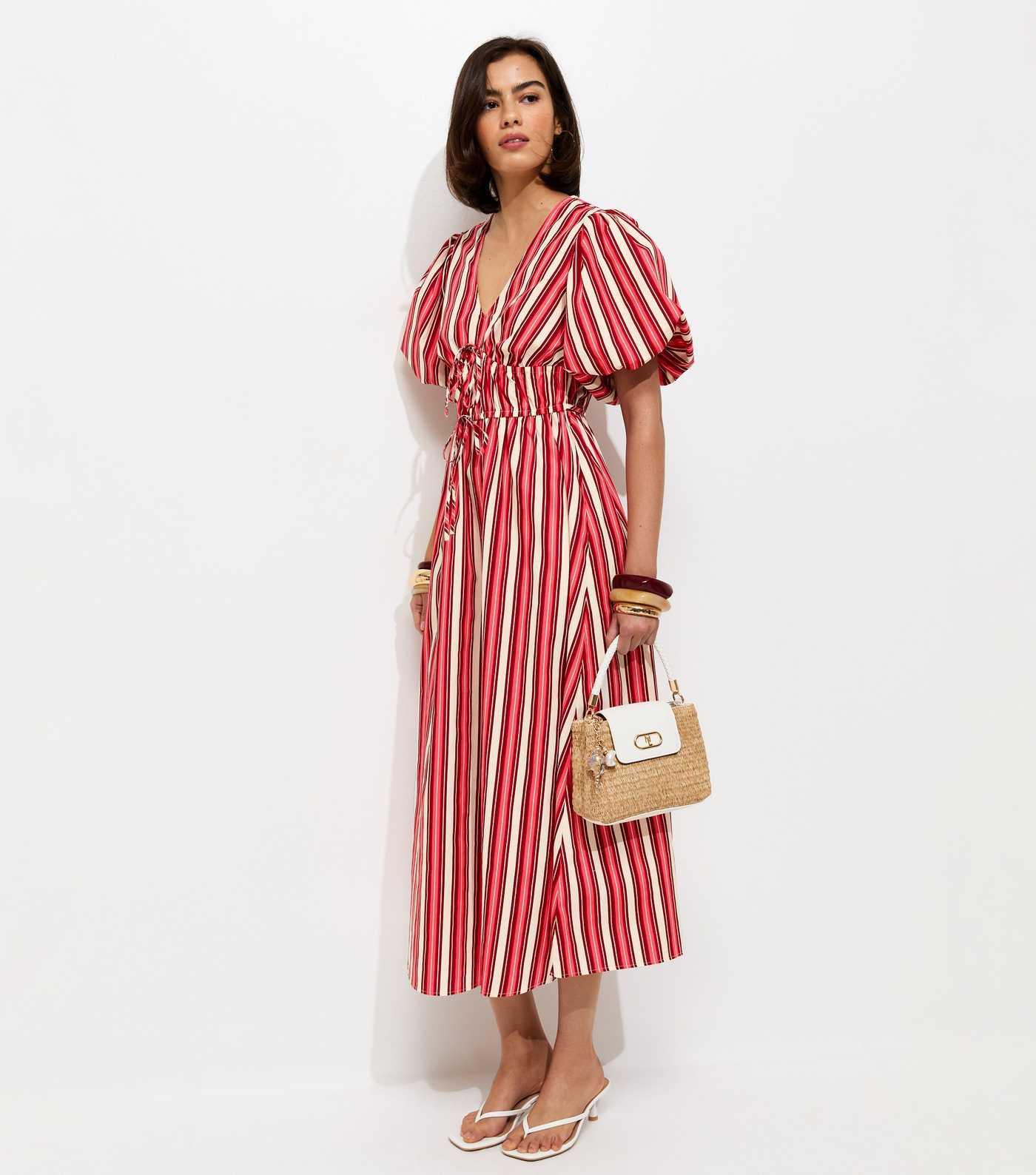 Pink Cotton Striped Puff Sleeve Midi Dress | New Look | New Look (UK)