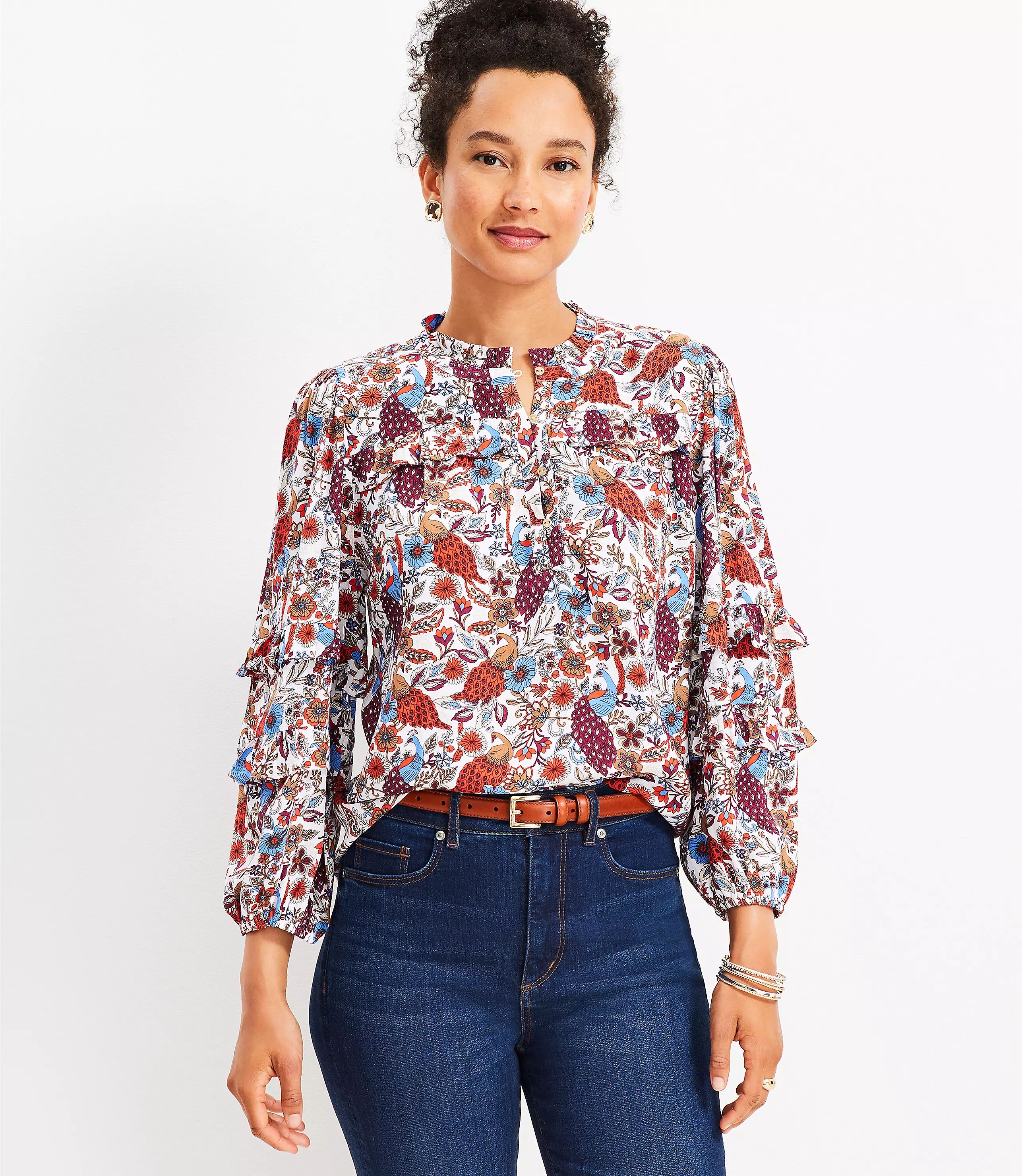 Peacock Ruffle Button Blouse | LOFT