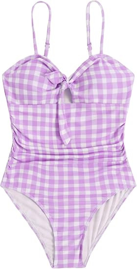 Floerns Girl's Gingham Print Ruched Cut Out Knot Front One Piece Swimsuit | Amazon (US)