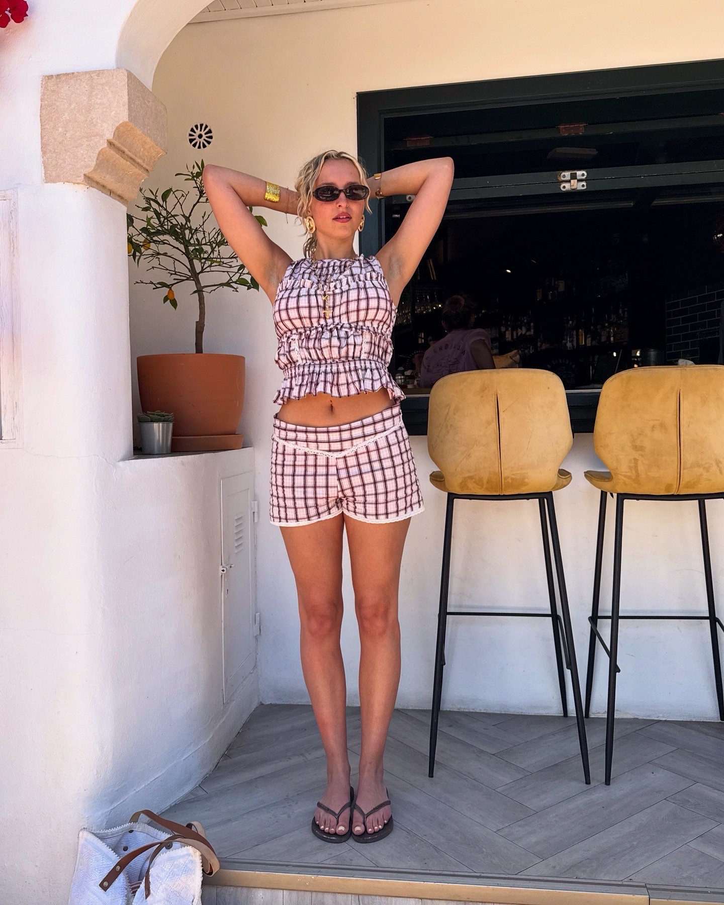 lace detail stripedmicro short two piece set