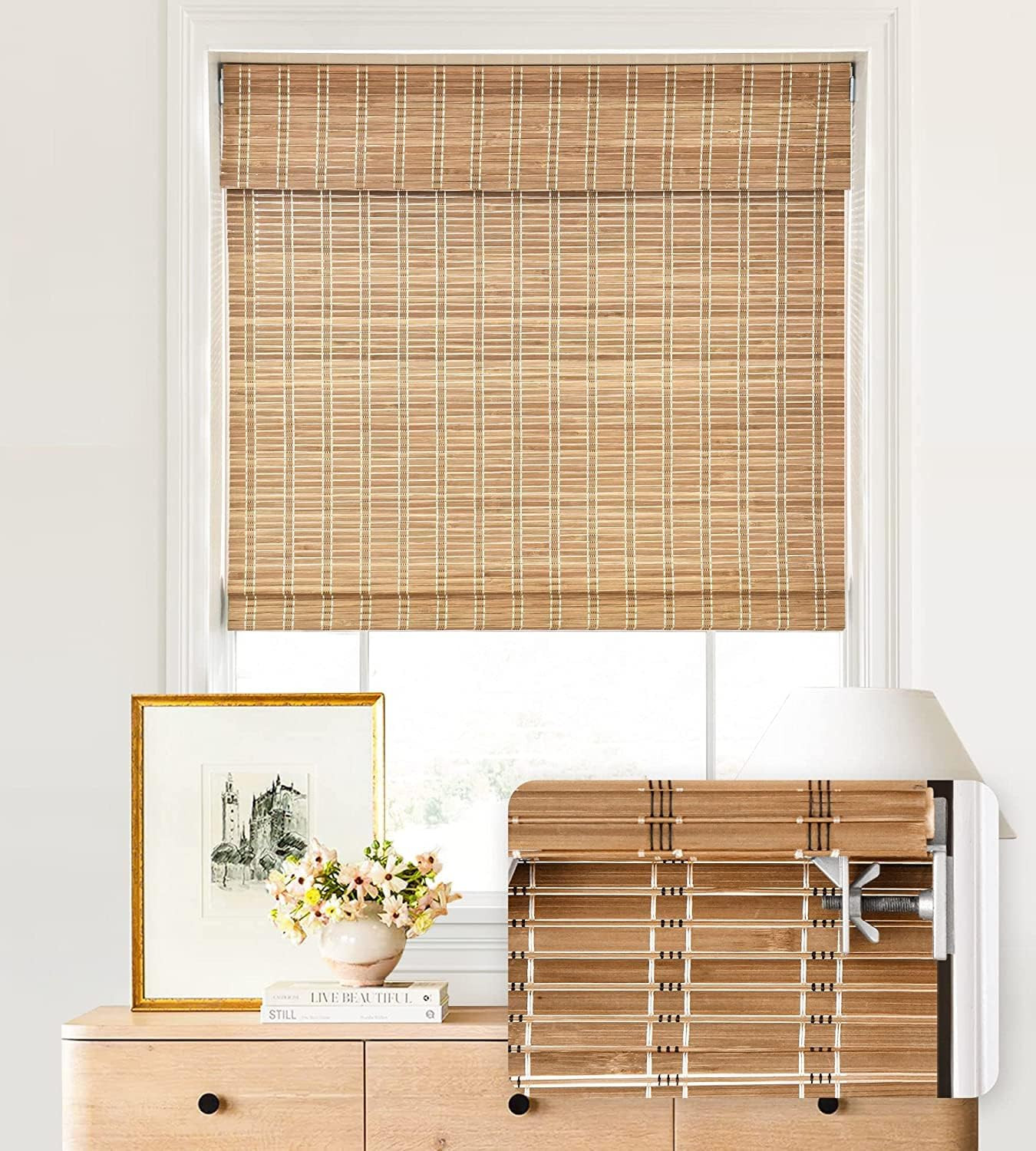 LazBlinds No Drill Cordless Bamboo Roman Shades, 34" W × 64" H, Brown | Amazon (US)