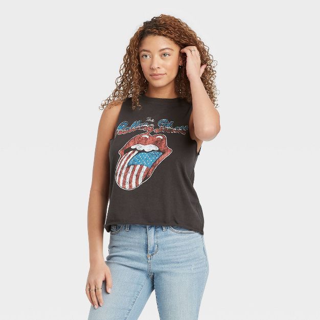 Women's The Rolling Stones American Flag Logo Graphic Cropped Tank Top - Black | Target