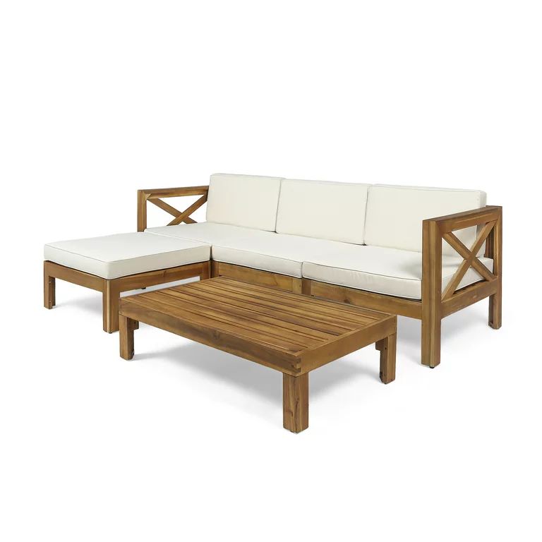 GDF Studio Allaire Outdoor Acacia Wood 3 Seater Sofa Chat Set with Ottoman, Teak and Beige | Walmart (US)