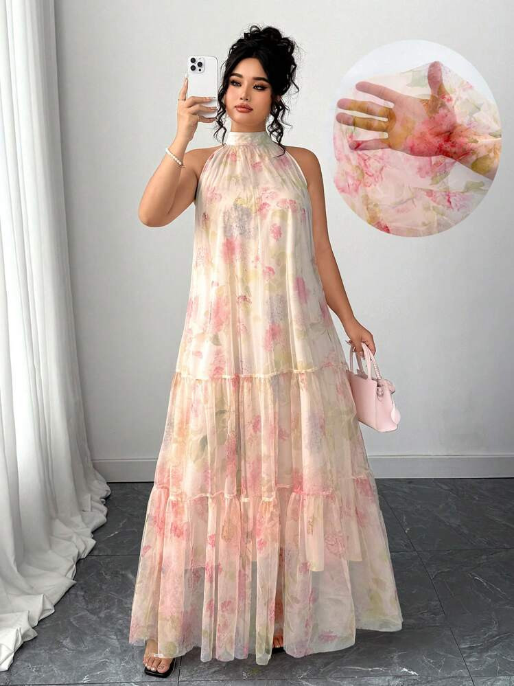 Elenzga Plus Size Women Elegant Woven Sleeveless Floral Print Chiffon Dress | SHEIN