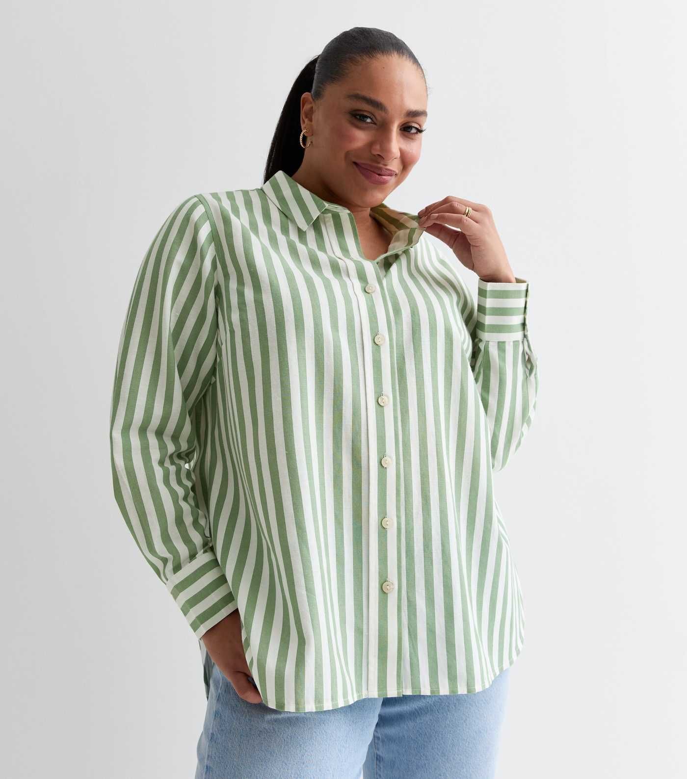 Curves Green Stripe Linen-Look Long Sleeve Shirt | New Look | New Look (UK)