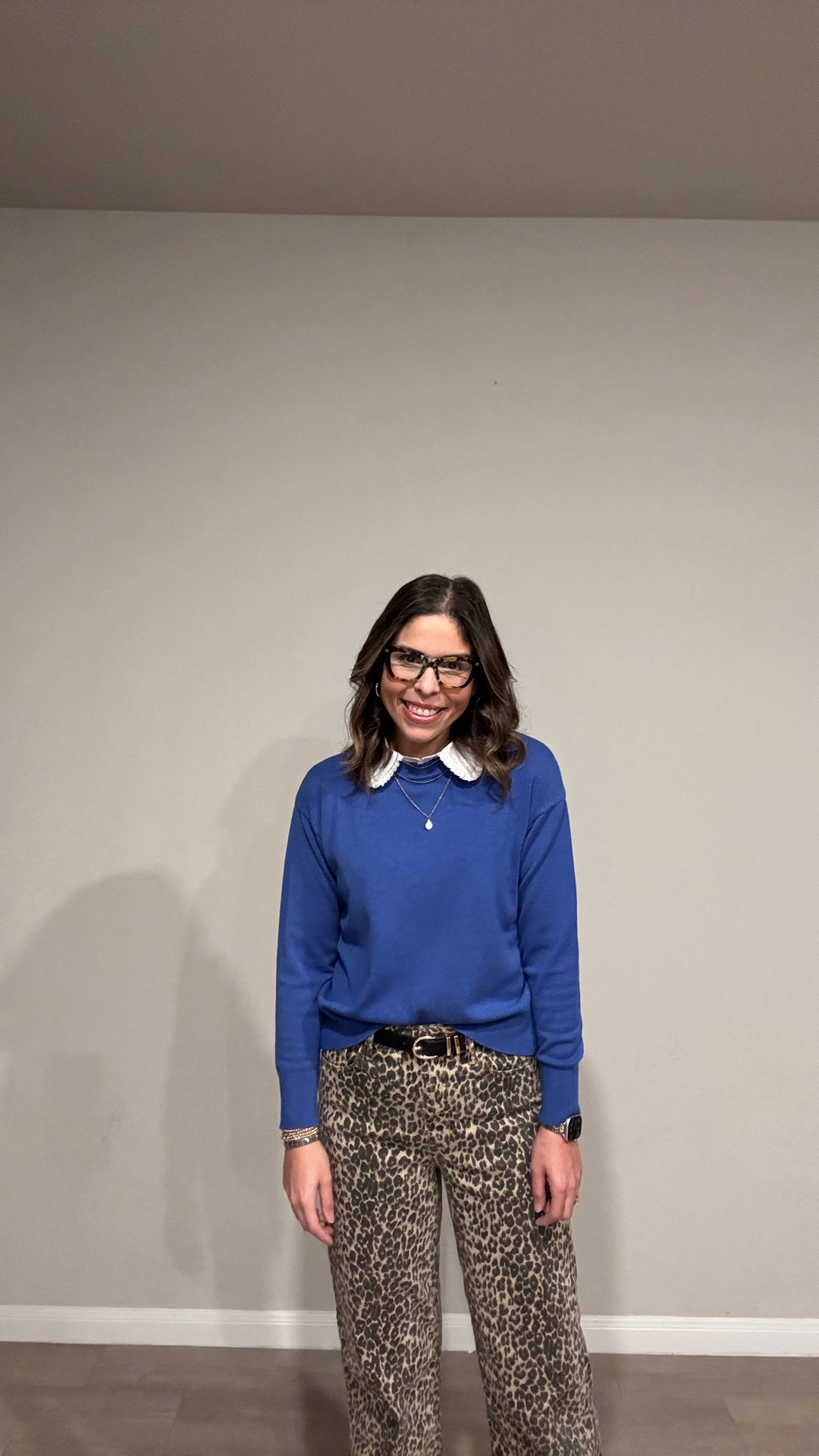 Pattern mixing 101: pair a bold print with a solid and let the accessories do the talking 💙 This collar peeking out from under my sweater is giving all the prep-meets-wild energy

#LTKootd #LTKdayinmylife #LTKMidsize