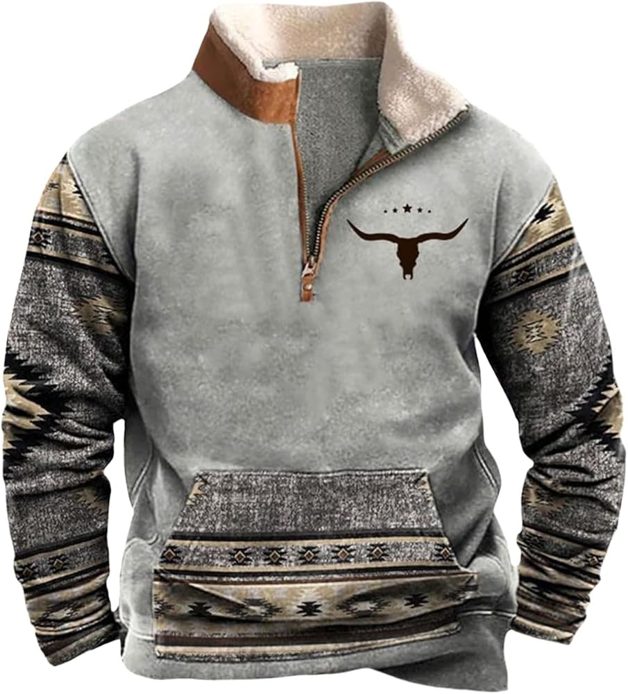 Western Sweatshirts for Men Aztec Cowboy Vintage Graphic Fleece Hoodie Mens Quarter Zip Pullover ... | Amazon (US)
