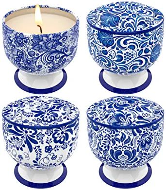 4 Pack Scented Candles, 4oz Soy Wax Portable Tin Candle with Blue and White Pattern, Candle Gift ... | Amazon (US)