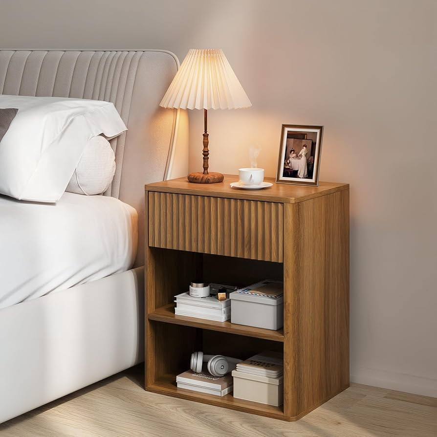 Nightstand Bedside Table Storage Drawer - Large Mid Century Modern Night Stand with Fluted Wood S... | Amazon (US)