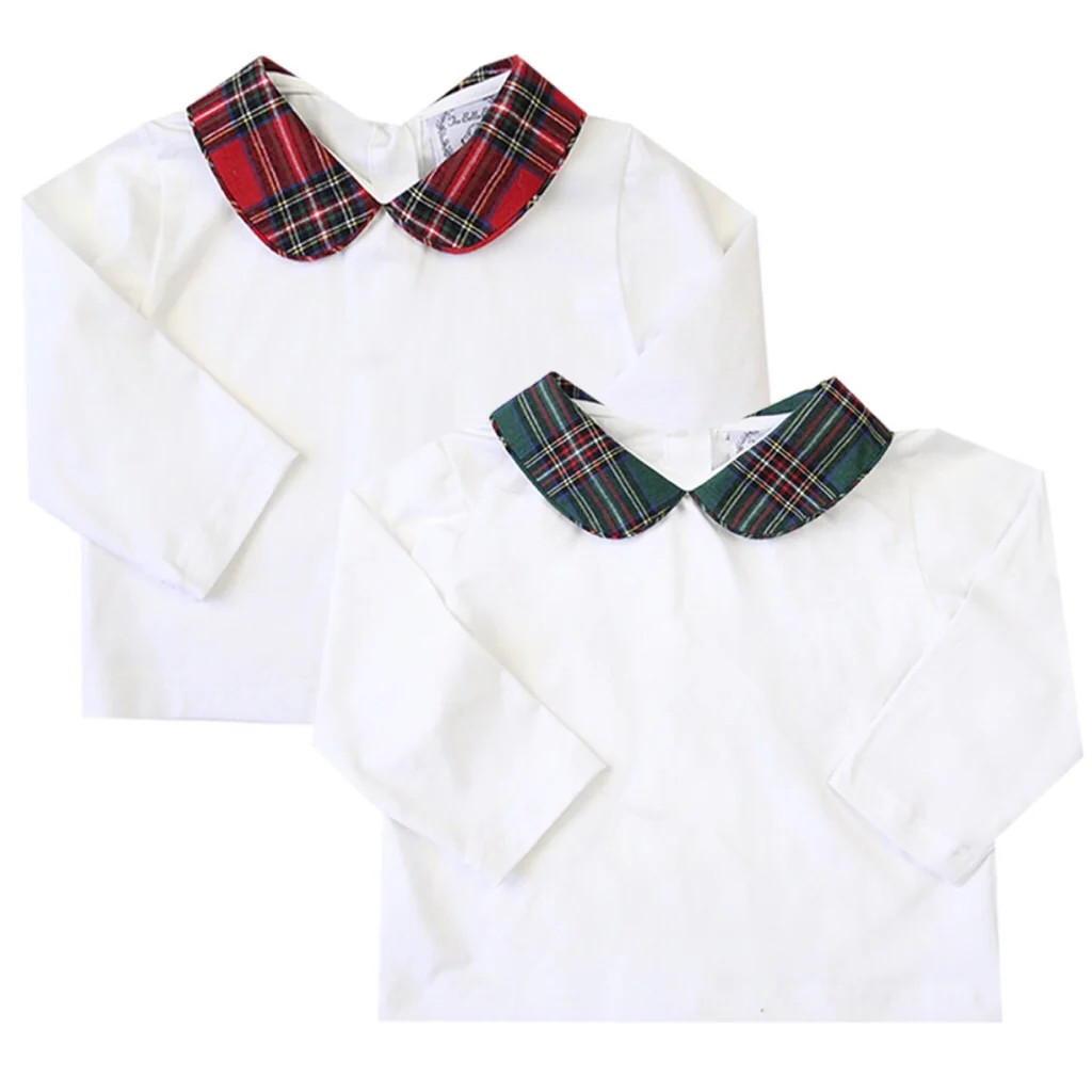 White Knit Peter Pan Collar Shirt with Tartan Collar | The Bella Bean