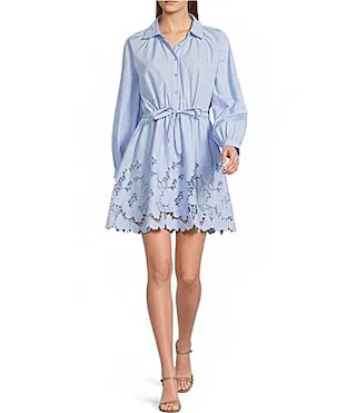 En Saison Lucy Embroidered Collar Neck Long Sleeve Belted A-Line Mini Dress -  M | Dillard's