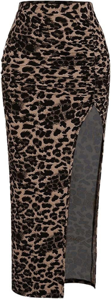 BEAUDRM Women's Leopard Print Slit Split Maxi Skirt Ruched Y2K Long Skirts | Amazon (US)