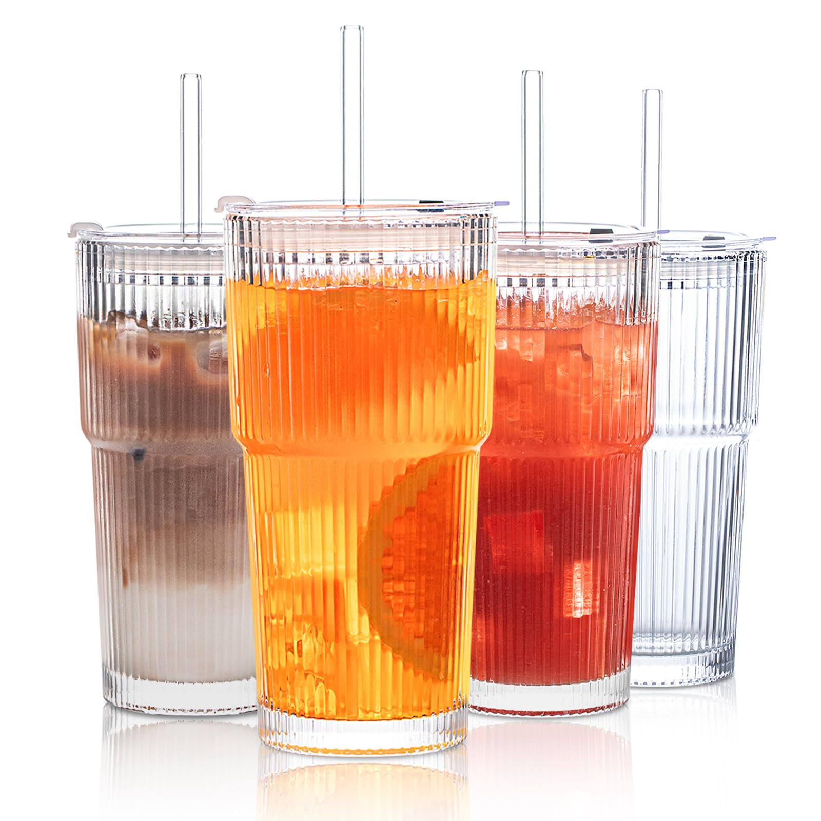 INSETLAN 20 oz Ribbed Glass Tumblers with Lids and Glass Straws – 4-Piece Glassware Set, Thicke... | Amazon (US)