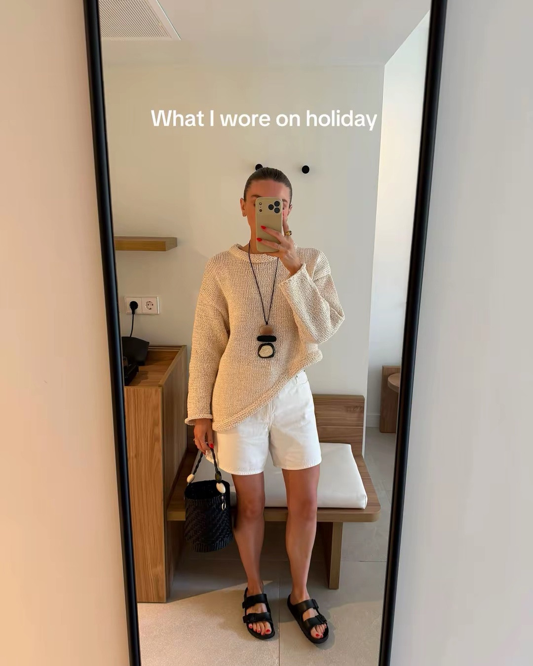 What I wore on holiday 

Outfit 1: 
Small in the Zara asymmetric jumper 
26 in the Abercrombie shorts
Zara pendant necklace
Birkenstock Arizona Eva sandals
Sensi studio bag 

Outfit 2, airport outfit:
Size 10 M&S jacket
Small in the Uniqlo sweater
Small reg in the Aritzia the lodge pants, 
Brown Birkenstocks 
Gucci tote bag
Red beaded necklace & other stories

Outfit 3, to the pool:
Older h&m black linen shirt so similar linked
Levi’s cut offs, similar linked
Hunza G swimsuit 
Aritzia bag
tu @ Sainsbury’s leopard bag
Black Birkenstocks 

Outfit 4, for dinner:
Dissh top (older so similar Topshop one linked) 
Abercrombie white shorts (same from outfit 1) 
Ancient Greek sandals
Sensi studio bag 

Outfit 5, wedding venue visit:
Small in the Zara long dress 
M&S pendant necklace 
Black Birkenstocks

Size 10 in the same M&S jacket from the airport outfit 

Outfit 7, 
Reiss brown leather bag 
Brown cardigan is from the gather, I can’t link on here but please see my Mallorca collection on my LTK 

Outfit 8, is the first outfit that was linked so all items here

Outfit 9, for dinner:
Same brown cardigan 
Citizens of humanity Ayla jeans in a 23 
Ancient Greek sandals 
Reiss bag 

Outfit 10, for breakfast
Small in the Uniqlo striped t-shirt
Small reg in the Aritzia the lodge pants, black in crepette, I’m 5ft 6 

Outfit 11, for dinner
Same brown cardigan from the gather so can’t link
Brown satin trousers from Abercrombie, limited in sizes so I’ve linked a similar pair 
Same Sensi studio bag 
Ancient Greek sandals 

Outfit 12, 
Zara asymmetric jumper linked previously
Aritizia the lodge pants linked previously
Same Zara pendant necklace
Birkenstock sandals

Outfit 13, for dinner:
Small in the Aritzia long sleeve 
Size 6 in the Topshop maxi skirt
Same Ancient Greek sandals
Same Zara pendant necklace
Same Sensi studios bag
Then with the same M&S jacket 

Outfit 15, 
Small in the bromine baby tee
Older Stradivarius trousers - similar added 
Toteme belt
Ancient Greek sandals
Same Sensi studio bag 
Then again, with the same M&S jacket 🙌🏻 
Outfit 17, airport outfit
Aritzia pants
