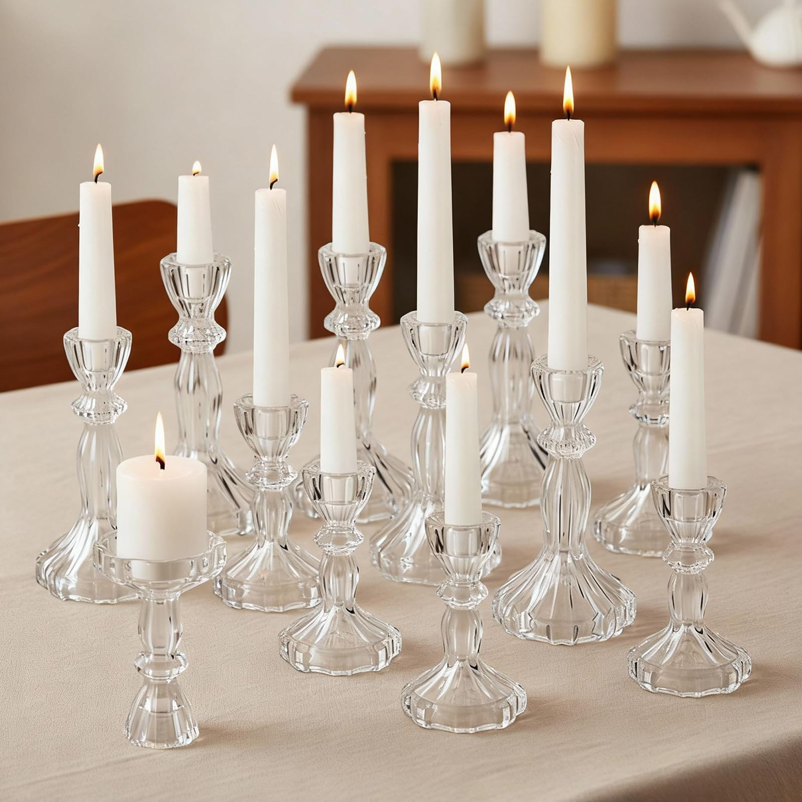 12 Pack Glass Candlestick Holders Set 4.3/6.1'' Taper Stripe Candle Holder Bulk Floral Shape Crys... | Amazon (US)