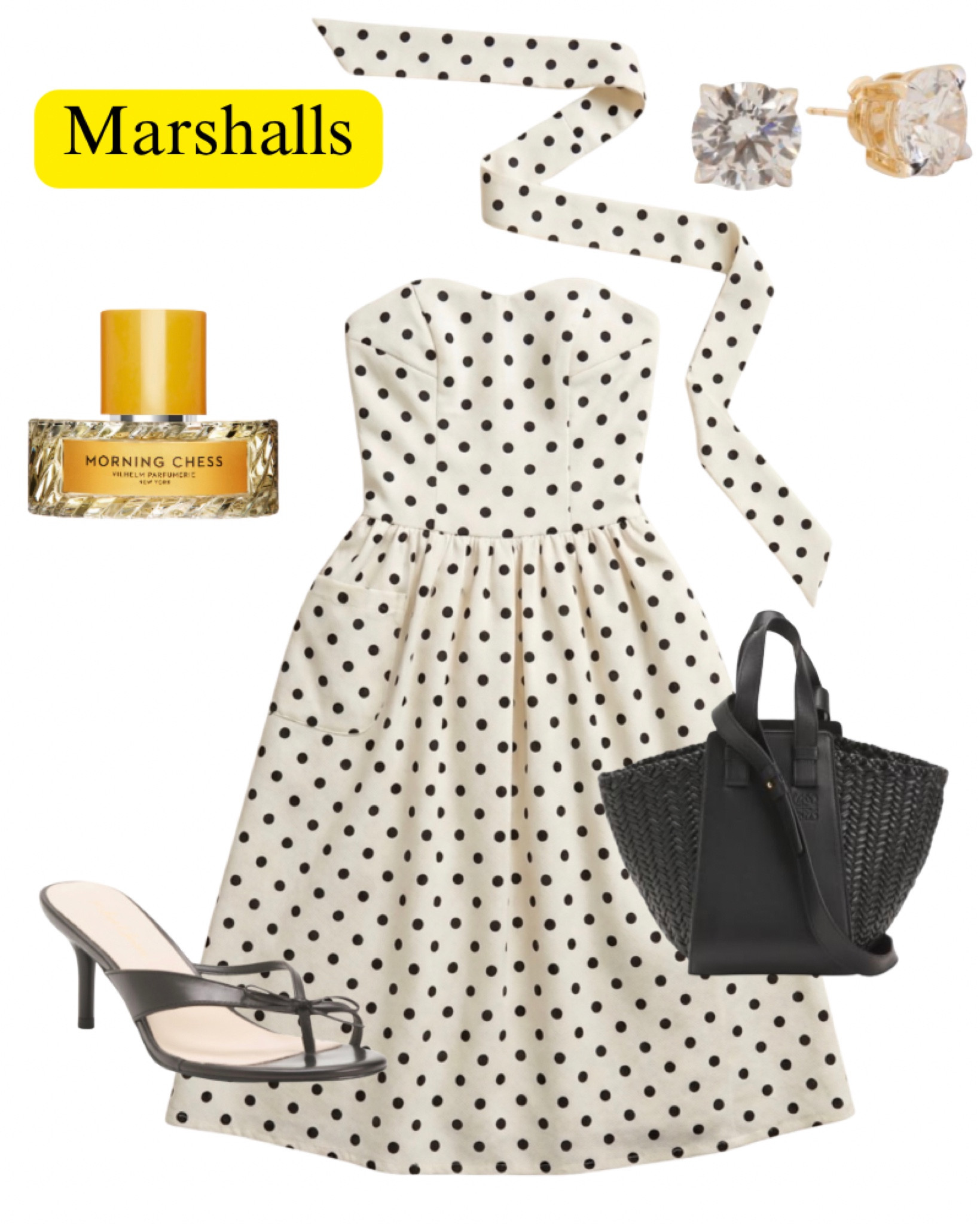 Marshalls polkadot dress with matching scarf, strapless, maxi dress, black kitten, heels, morning, chest perfume, Loewe ￼ black woven purse, diamond earrings, date night, summer outfit idea, designer deals.

#LTKSaleAlert #LTKBeauty