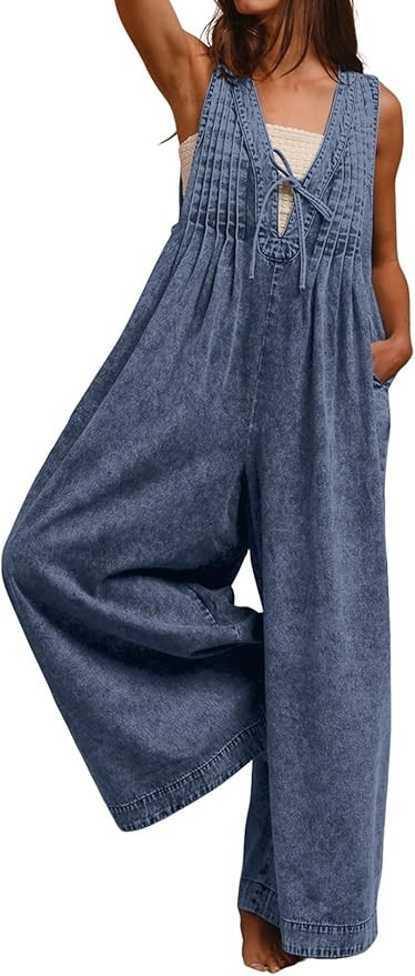 loveimgs Women Flowy Sleeveless Jean Jumpsuit Wide Leg Overalls Baggy Pleated Ruffle Tank Romper ... | Amazon (US)