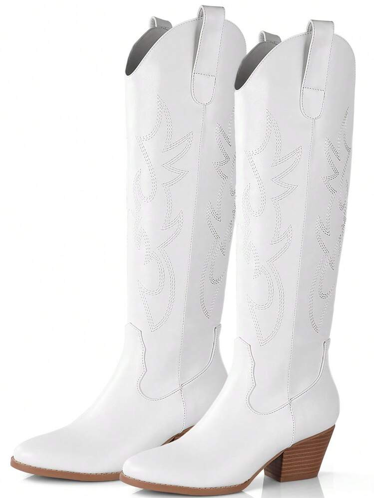 1 Pair High Heel, Casual Microfiber Leather Side Zipper Cowboy Boots For Outdoor Vacation Party Office Wedding Holiday Home, All Seasons,White | SHEIN