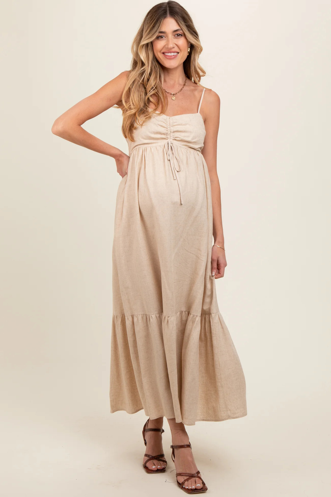 Beige Linen Front Cinch Maternity Midi Dress | PinkBlush Maternity