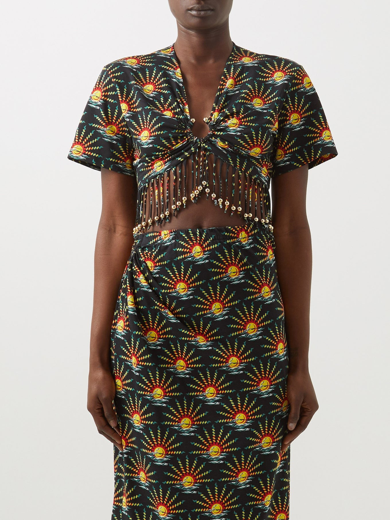 Sunrise-print fringed cotton-jersey cropped top | Matches (US)