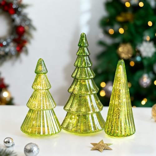 Glasseam Mercury Glass Christmas Tree: Set of 3 Green Glass Christmas Decorations Indoor Tabletop Xmas Led Lighted Trees with Timer for Centerpieces Fireplace Mantel Home Decor | Amazon (US)