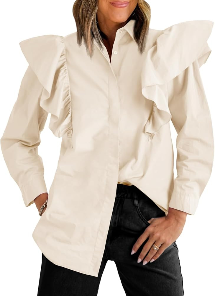 Tankaneo Womens Button Down Shirts Ruffle Long Sleeve Loose Fit Blouse Dressy Casual Tops | Amazon (US)