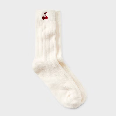 Women's Cozy Knit Ribbed Embroidered Cherry Crew Socks - A New Day™ 4-10 | Target
