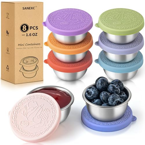 SANEXC 8 Pack - 1.6 Oz Small Salad Dressing Containers To Go, Leakproof Condiment Containers with Lids Reusable Stainless Steel Sauce Cups for Lunch Boxes Kitchen Storage Picnics Travel Meal Prep | Amazon (US)