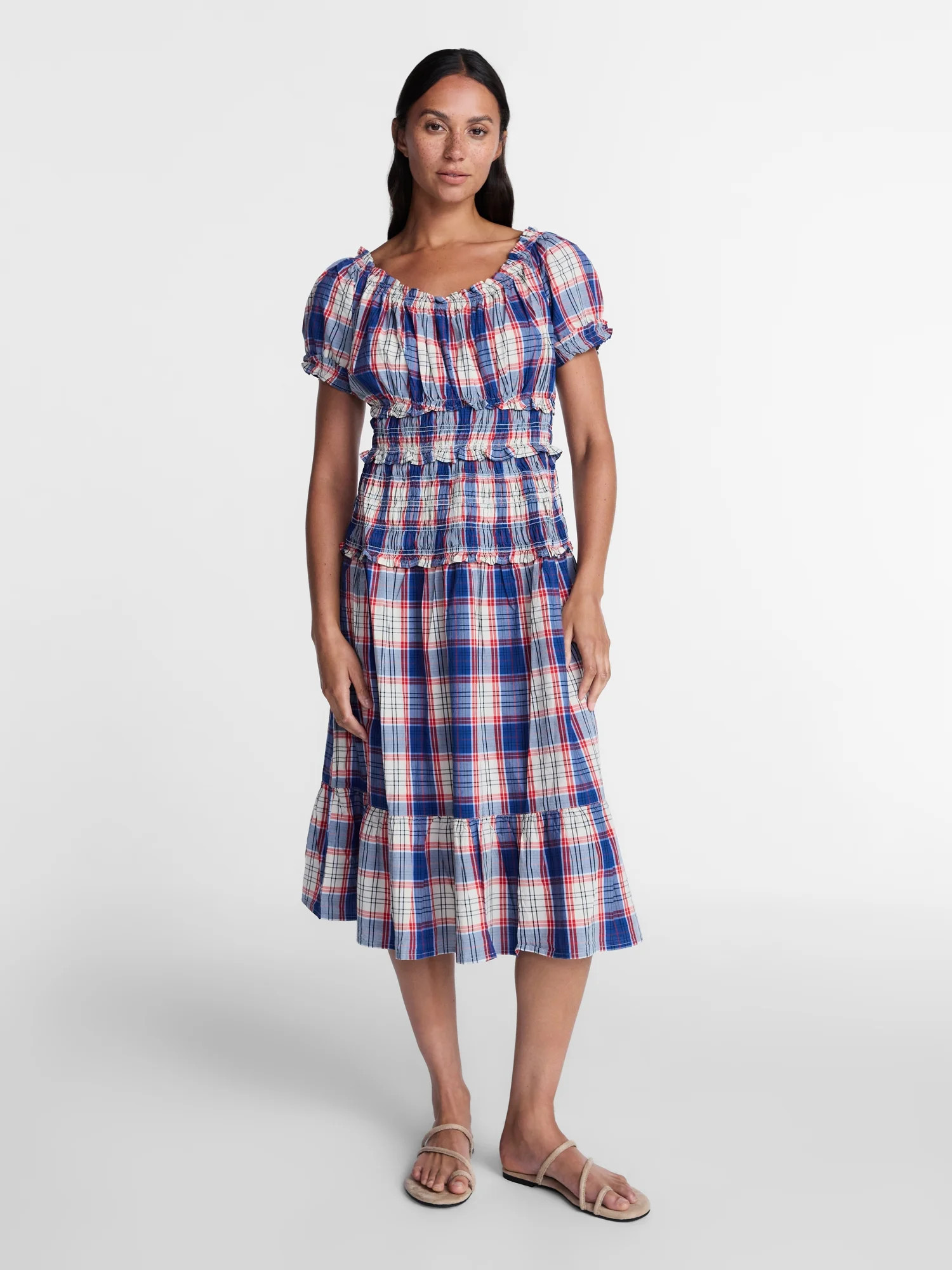 Time and Tru Women's Smocked Cotton Peasant Midi Dress, Sizes XS-XXXL | Walmart (US)