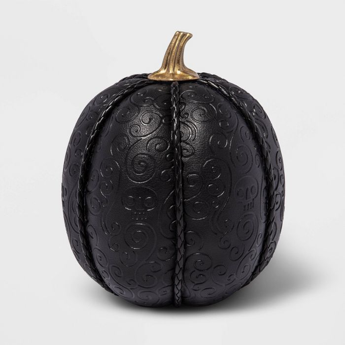 Medium Black Leather Skull Embossed Fabric Halloween Decorative Pumpkin - Hyde & EEK! Boutique™ | Target