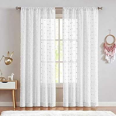 White Semi Sheer Window Curtains Textured Rod Pocket 84 inches Length Voile Curtain Set Pompom Pa... | Amazon (US)
