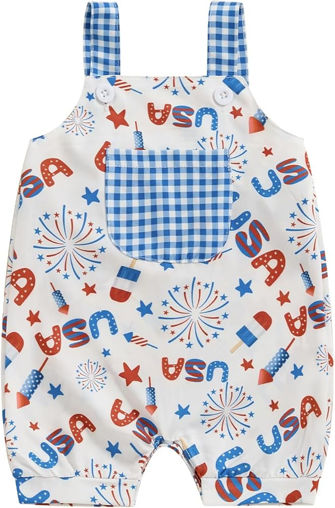 4th of July Baby Boy Girl Outfit Sleeveless Stars Stripes Print Rompers Overalls Newborn Fourth o... | Amazon (US)