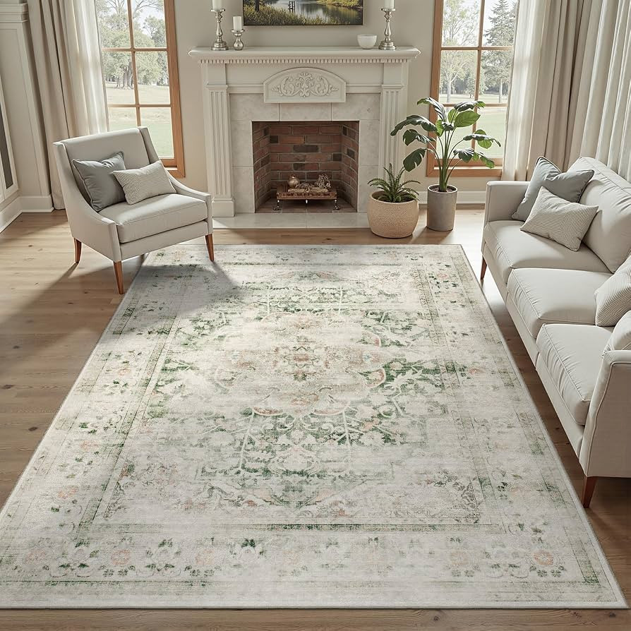 DCX 4x6 Green Rug, Machine Washable Stain Resistant Distressed Vintage Rug, Kid & Pet Friendly wi... | Amazon (US)